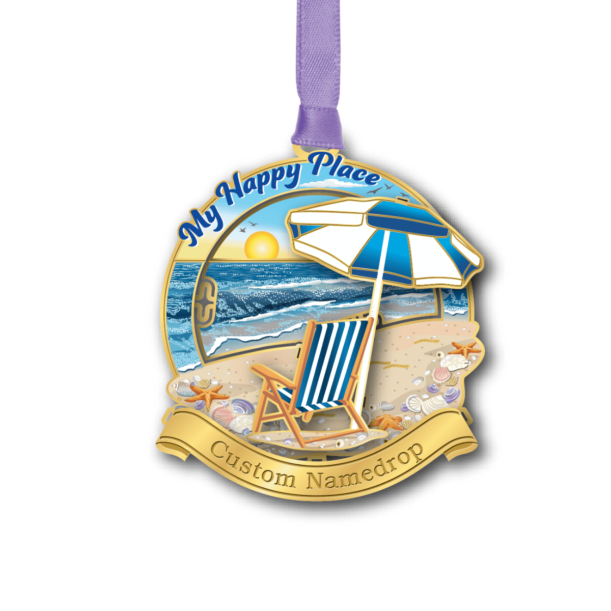 Custom namedrop ornament featuring a beach scene with a striped chair and umbrella facing the ocean at sunset, with the phrase “My Happy Place”