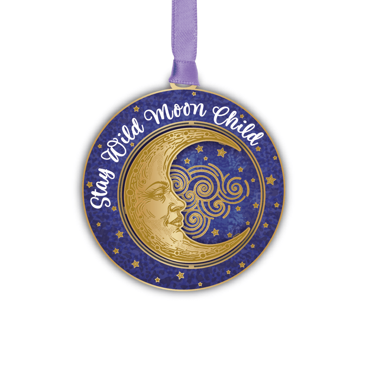Ornament featuring a gold crescent moon with a stylized face surrounded by stars and the phrase “Stay Wild Moon Child”
