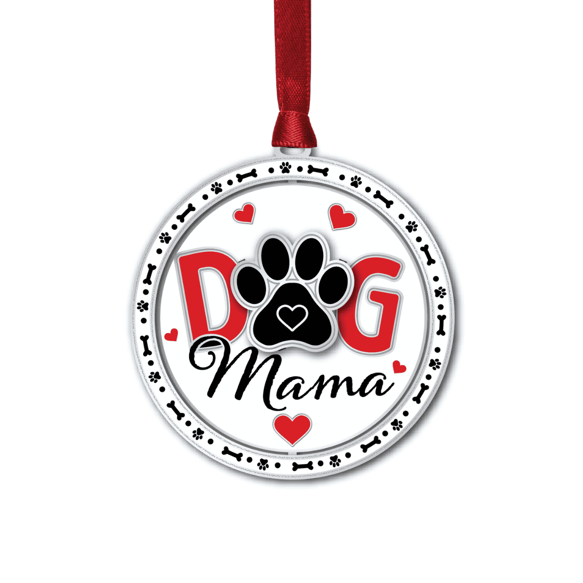 Ornament featuring a black dog paw print inside the word “DOG” with hearts and the phrase “Mama”