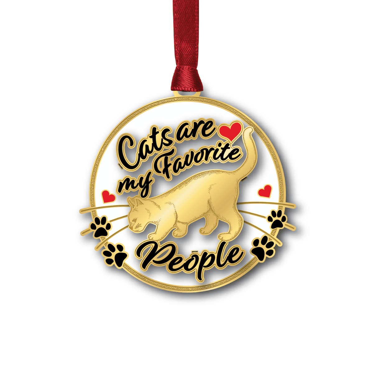 Ornament featuring a gold cat silhouette with paw prints, heart accents, and the phrase “Cats are my favorite people”