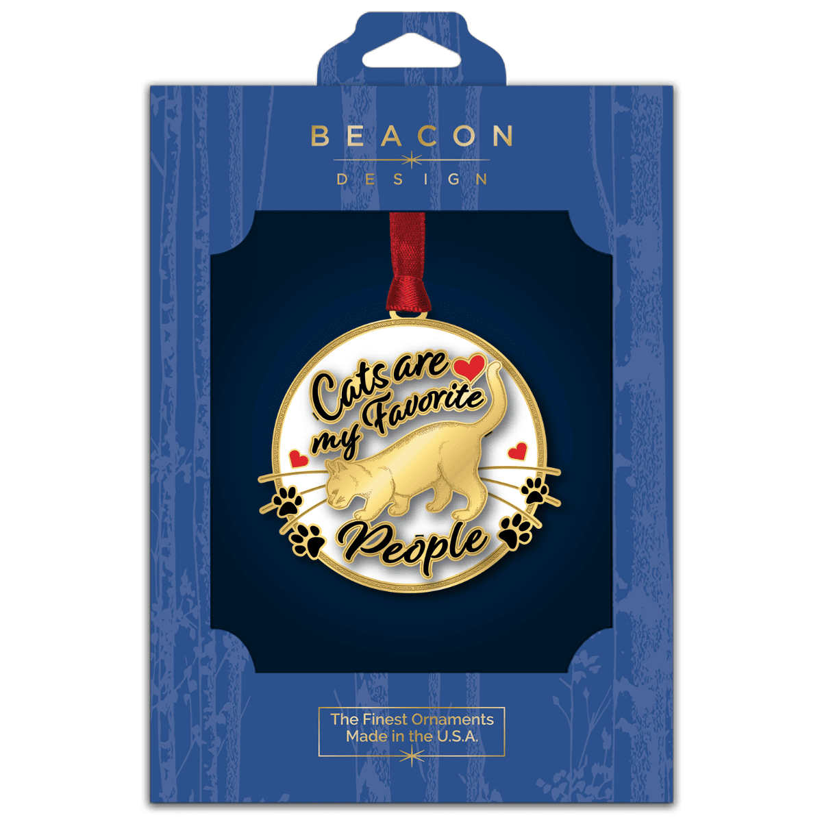 Ornament featuring a gold cat silhouette with paw prints and heart accents alongside the phrase “Cats are my favorite people,” displayed in Beacon Design retail packaging