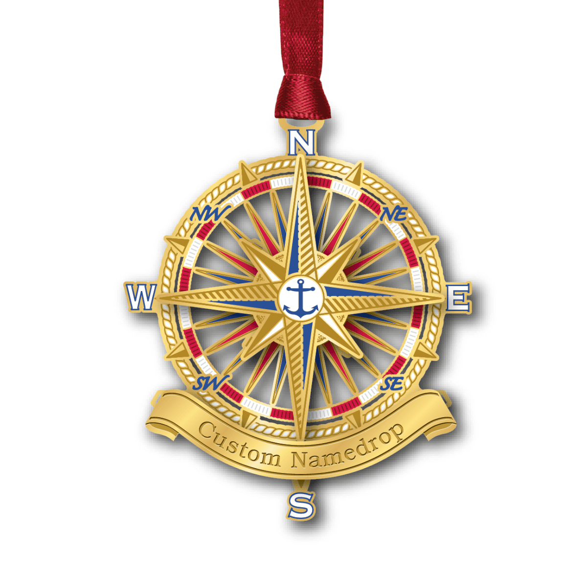 Custom ornament featuring a detailed nautical compass rose with directional markings and anchor center labeled “Custom Namedrop”
