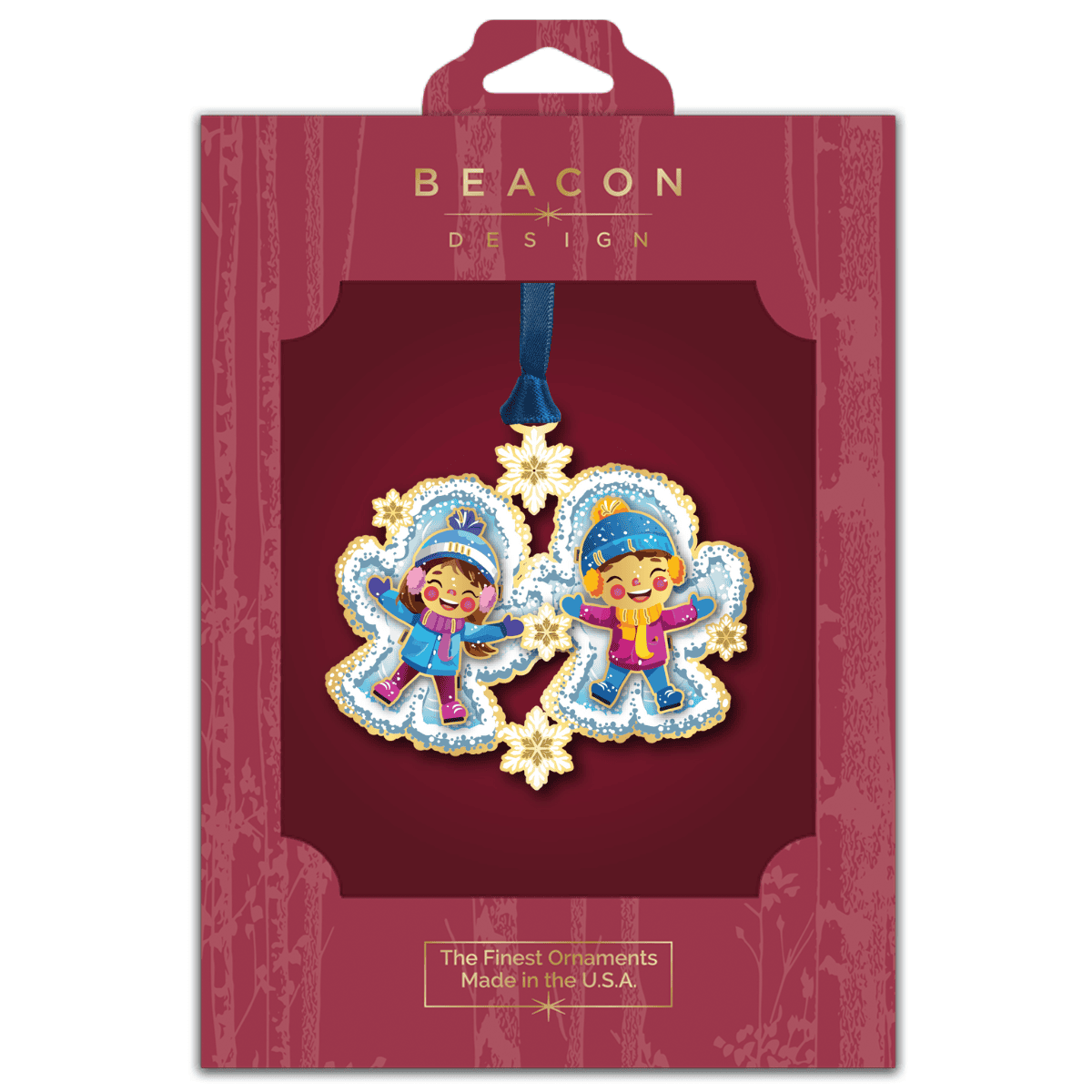 Ornament featuring two children making snow angels surrounded by snowflakes, displayed in Beacon Design retail packaging