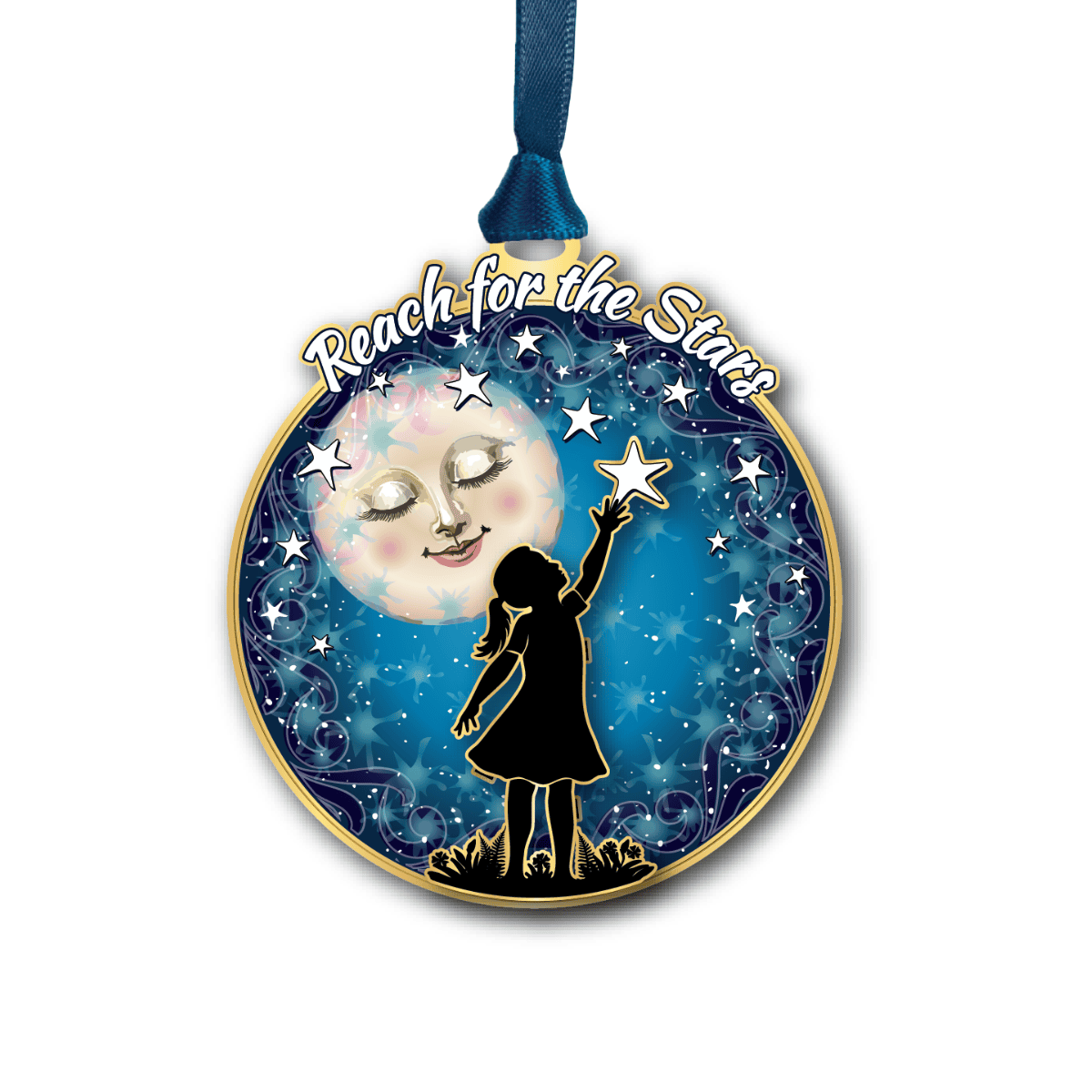 Ornament featuring a child reaching toward a star under a night sky with the phrase “Reach for the Stars”