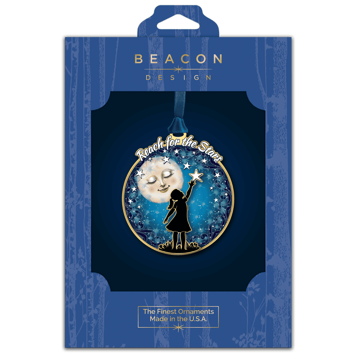 Ornament featuring a child reaching toward a star under a night sky with “Reach for the Stars” text, displayed in Beacon Design retail packaging