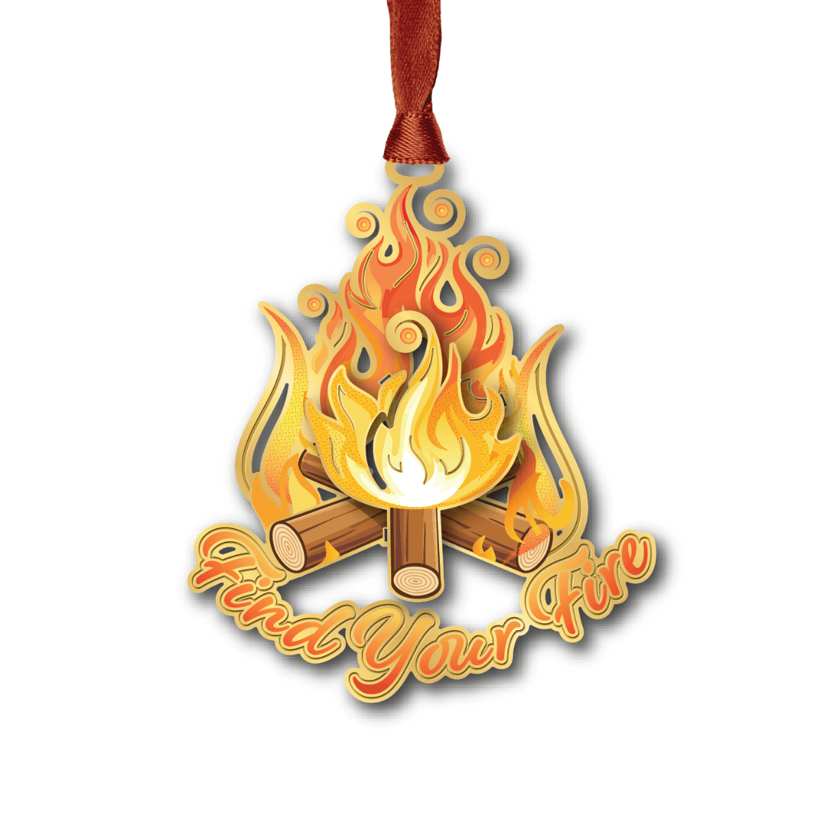 Ornament featuring a stylized campfire with flames and logs and “Find Your Fire” text below