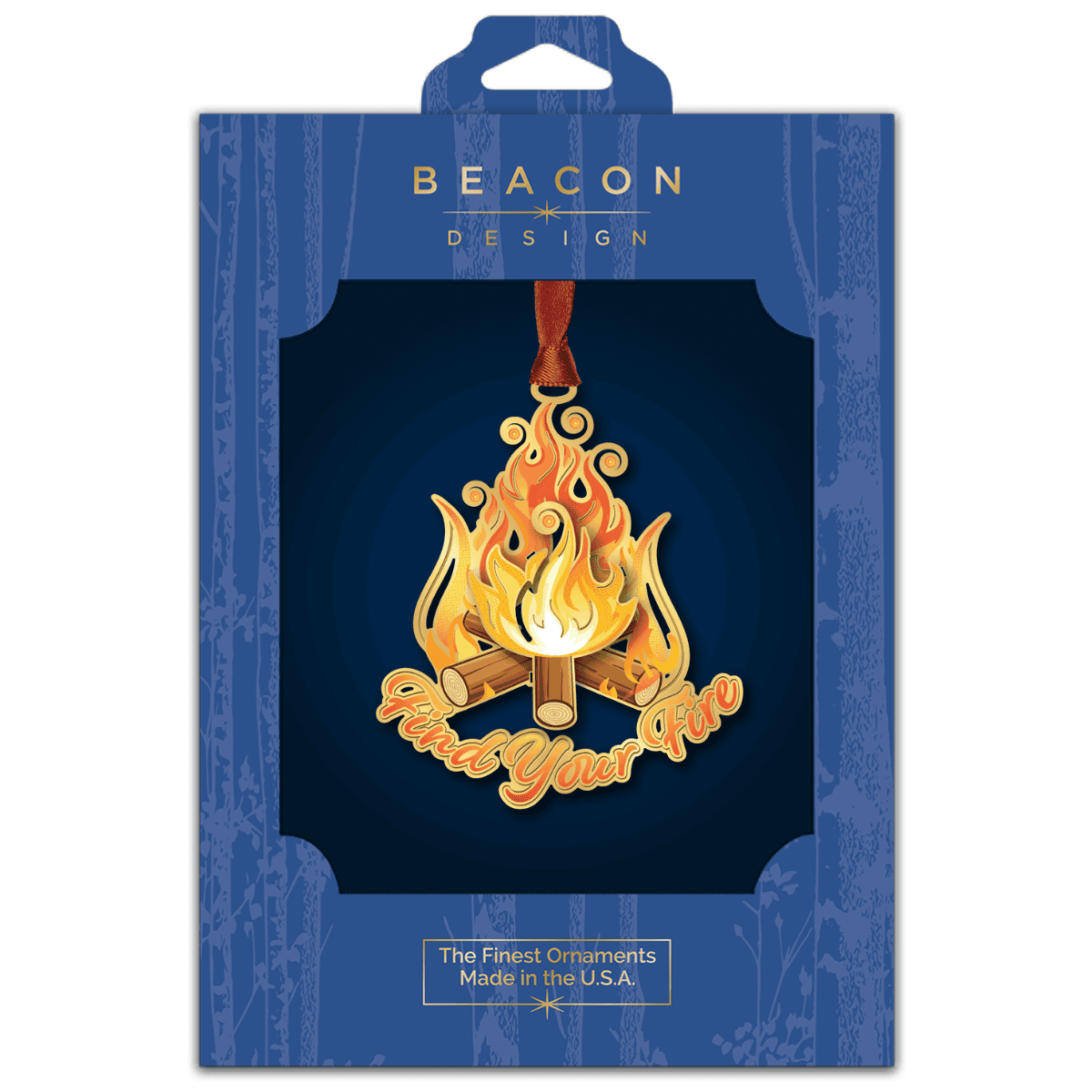 Ornament featuring a stylized campfire with “Find Your Fire” text displayed in Beacon Design retail packaging