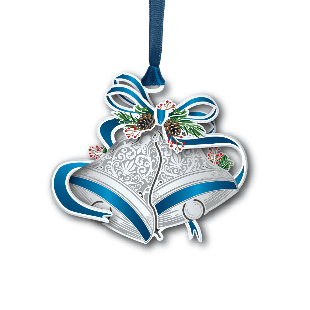 Ornament featuring two detailed silver Christmas bells with blue ribbon and pine accents