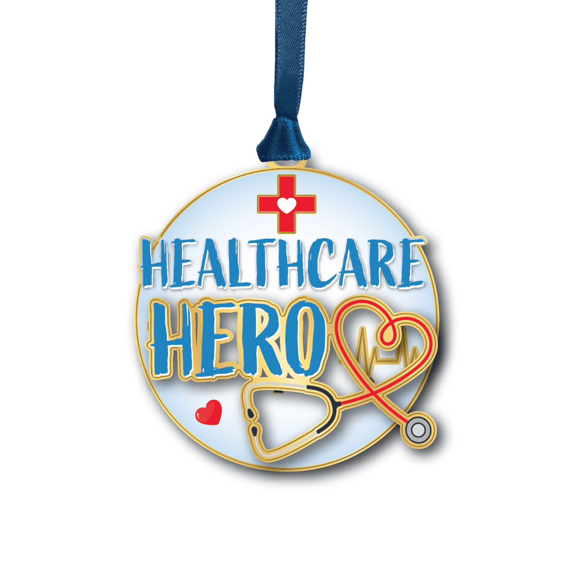 Ornament featuring the words “Healthcare Hero” with a medical cross, heart-shaped stethoscope, and heartbeat line
