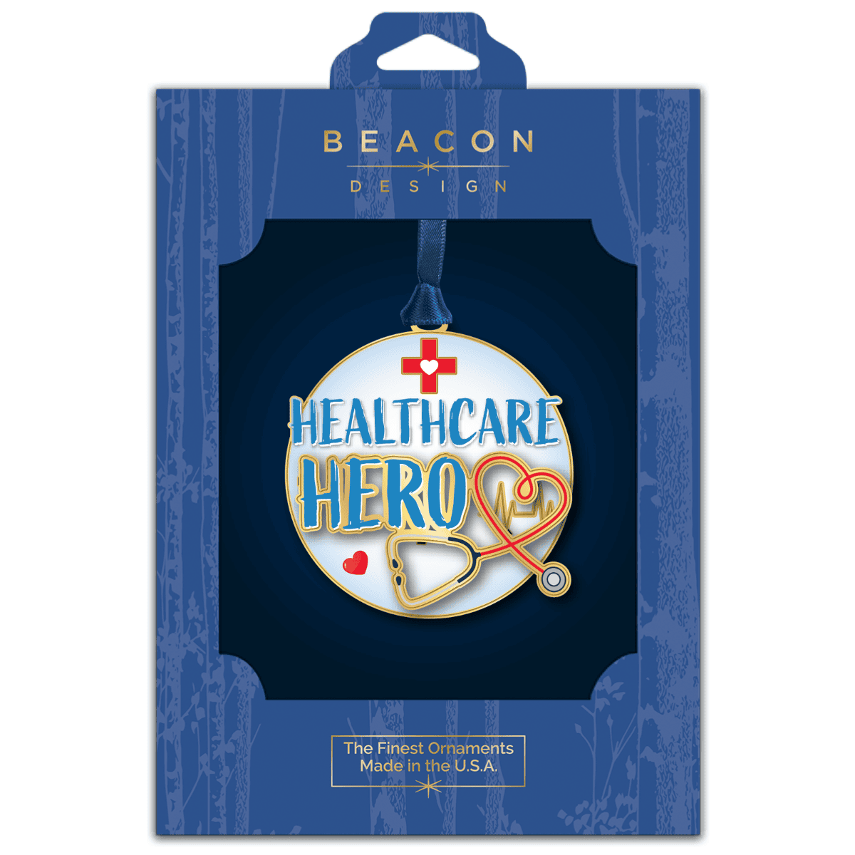 Ornament featuring the words “Healthcare Hero” with a medical cross, heart-shaped stethoscope, and heartbeat line, displayed in Beacon Design retail packaging