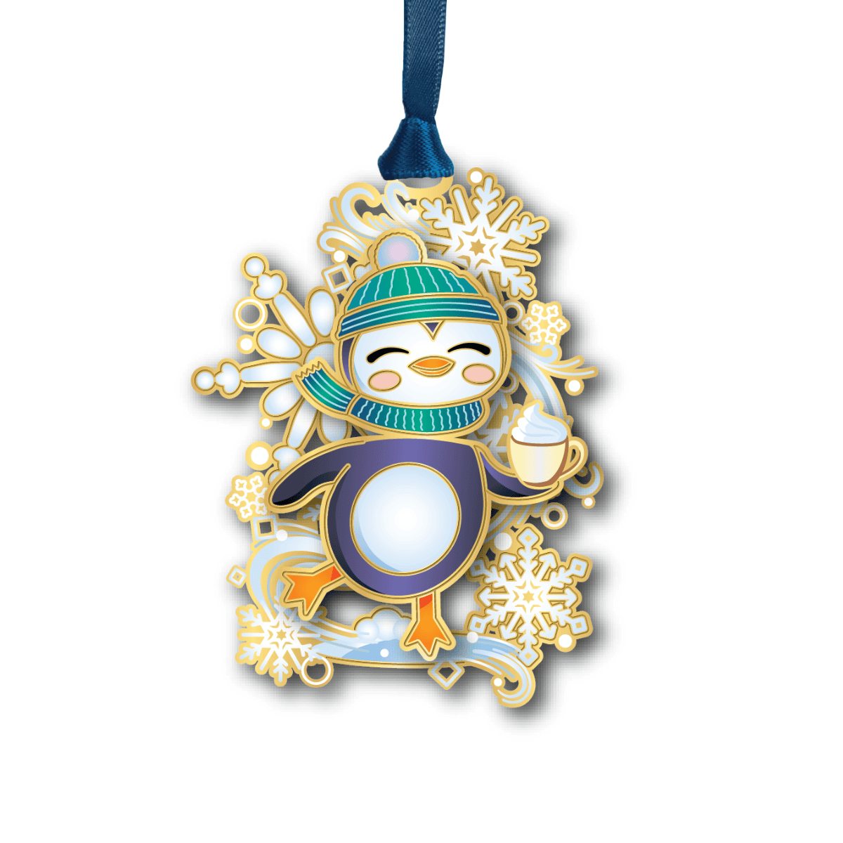 Ornament featuring a penguin wearing a winter hat and scarf, holding a cup, surrounded by decorative snowflakes