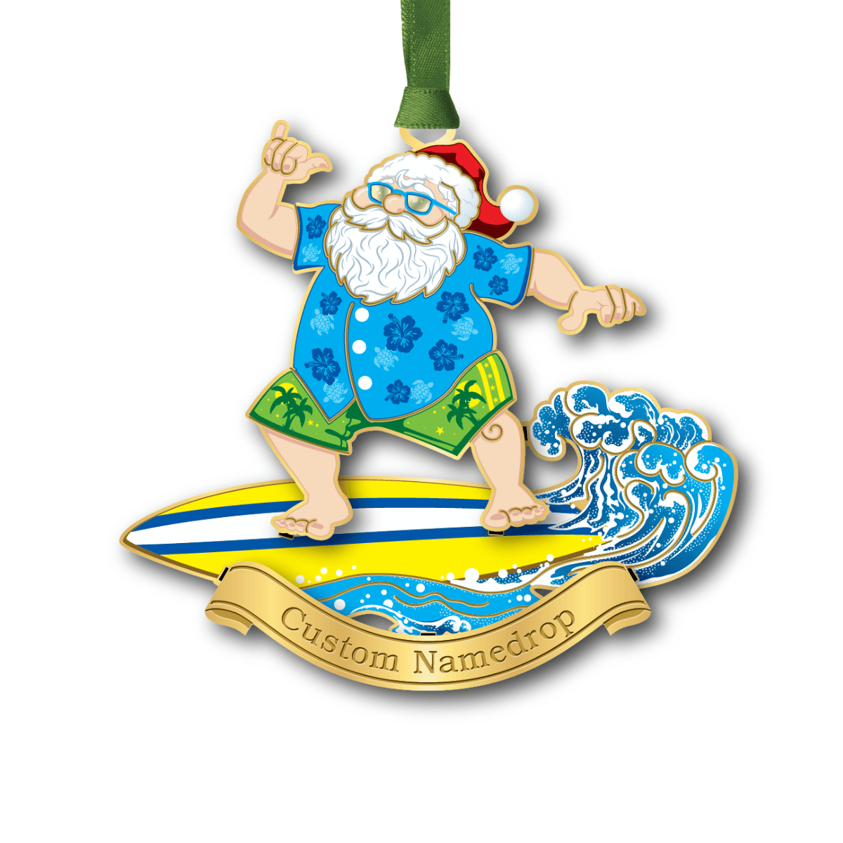Custom namedrop ornament featuring Santa Claus surfing a wave on a surfboard in a tropical beach scene