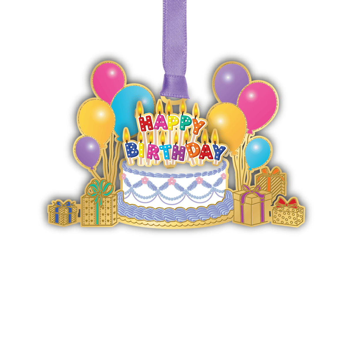 Custom birthday-themed standing ornament featuring a decorated cake with candles spelling “Happy Birthday,” surrounded by balloons and gift boxes