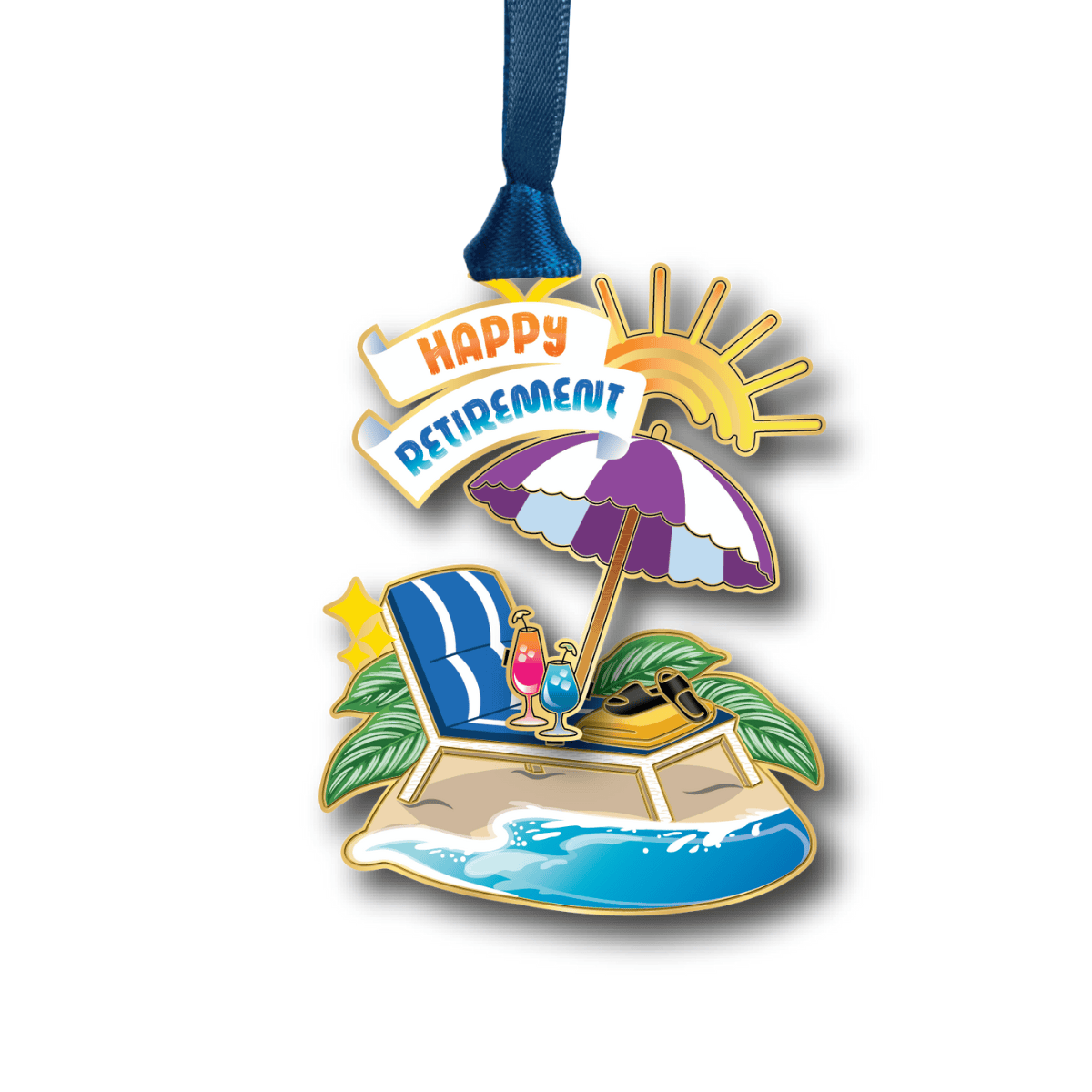 Custom retirement-themed standingornament featuring a lounge chair, beach umbrella, and “Happy Retirement” banner by the ocean