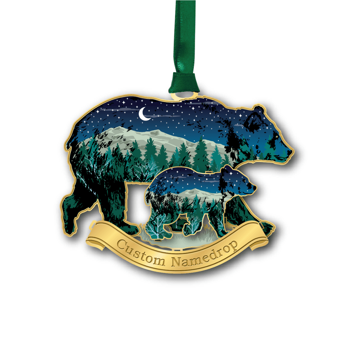 Custom namedrop ornament featuring a bear and cub silhouette filled with a nighttime forest and mountain landscape