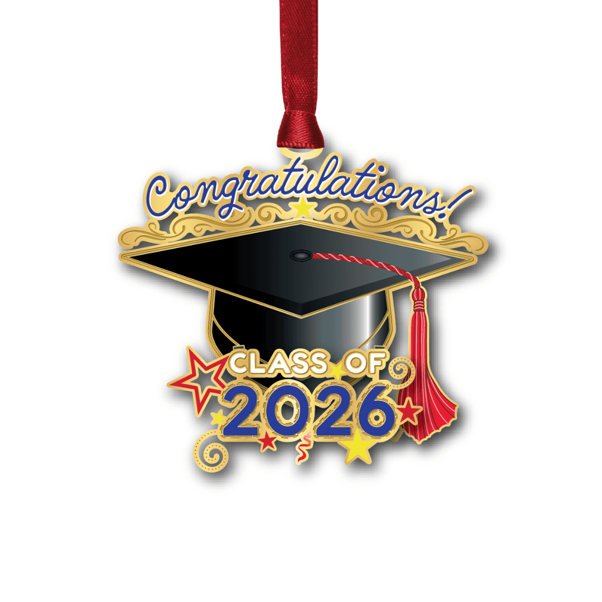 Graduation ornament featuring a cap, tassel, and “Congratulations! Class of 2026” design with decorative stars