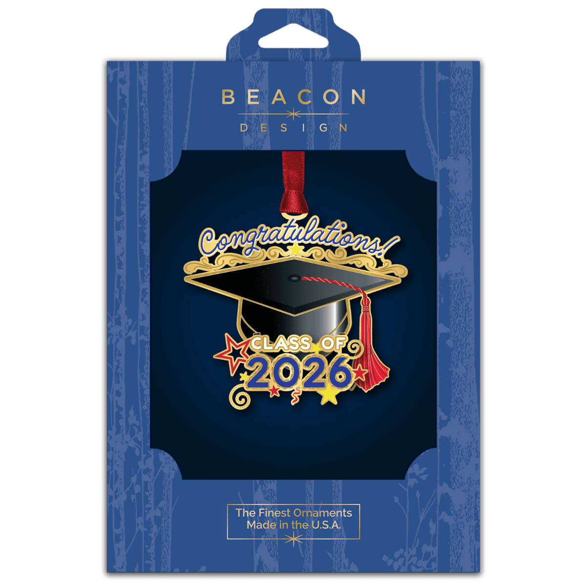 Graduation ornament featuring a cap, tassel, and “Congratulations! Class of 2026” design displayed in Beacon Design retail packaging