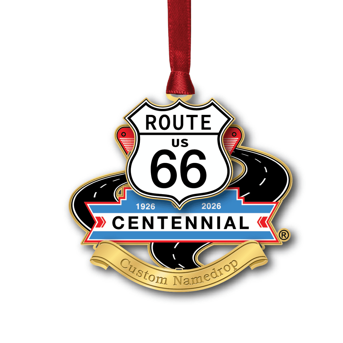 Route 66 centennial ornament featuring the anniversary's logo