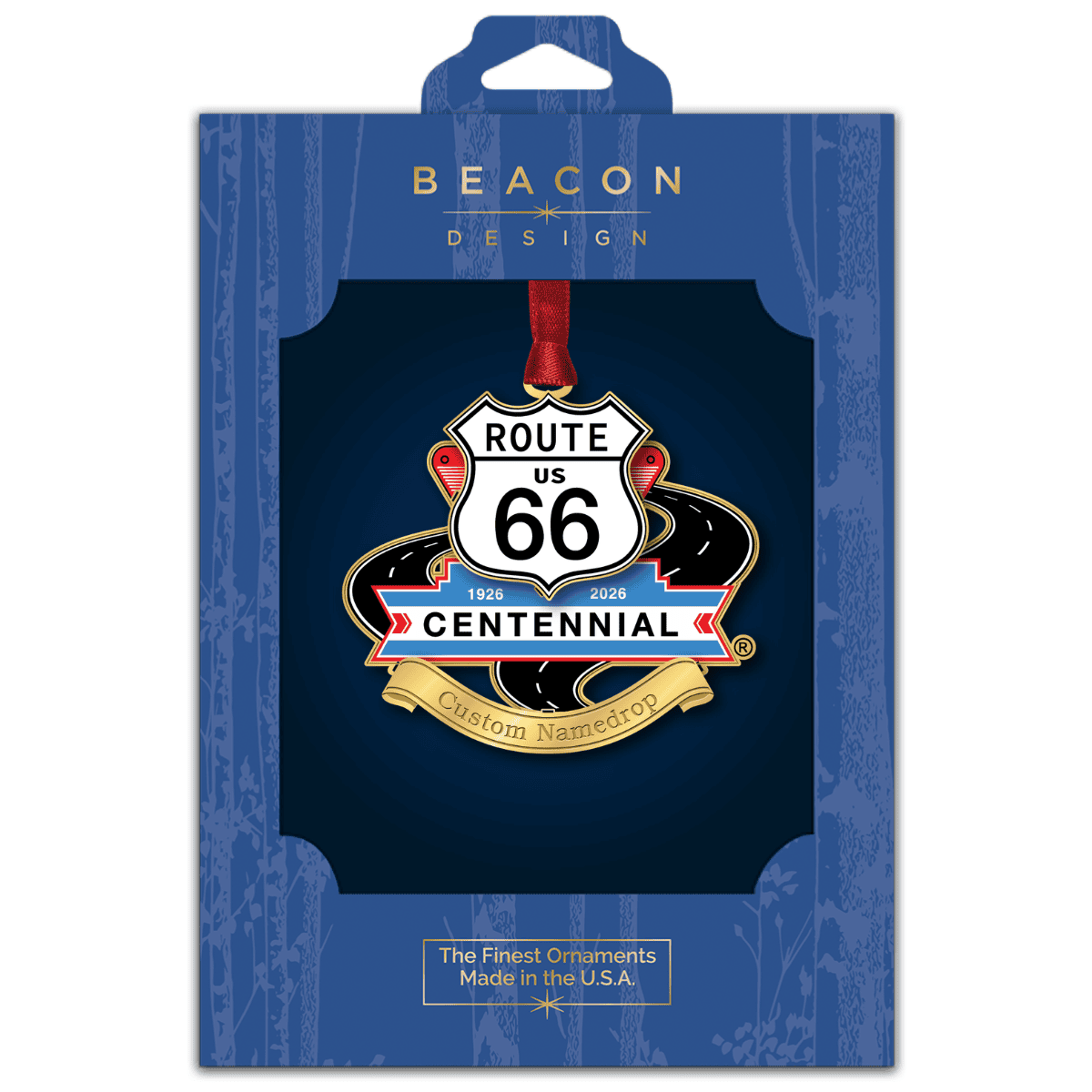Route 66 centennial ornament displayed in Beacon Design retail packaging