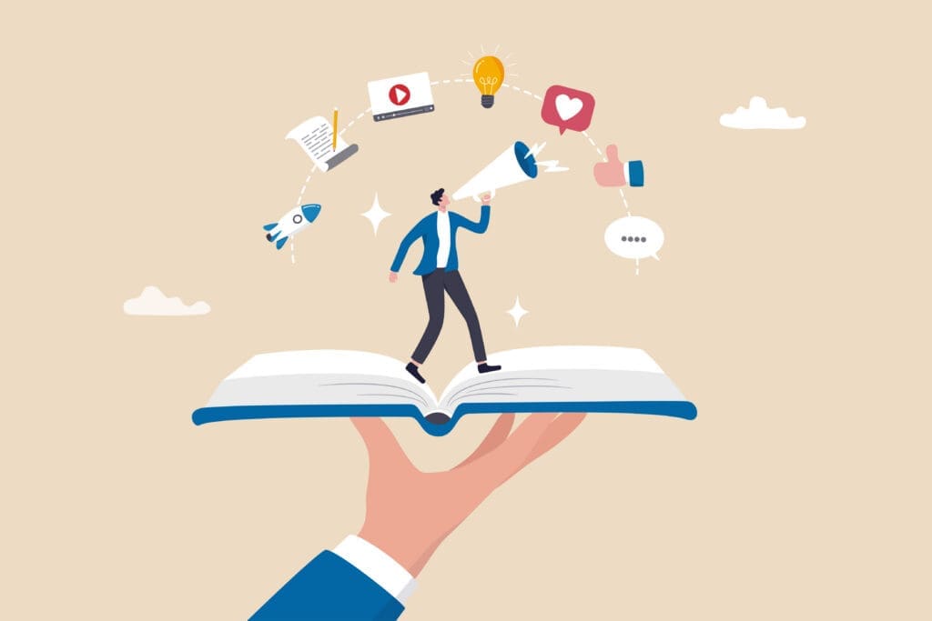 Illustration of a person speaking through a megaphone while standing on an open book, surrounded by icons like a rocket, lightbulb, video, and social media symbols.