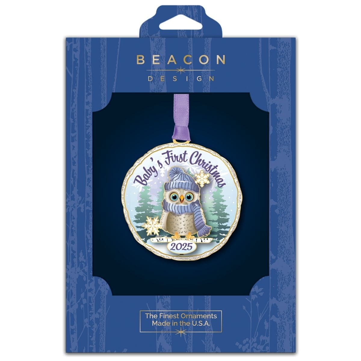 2025 Baby’s First Christmas ornament from Beacon Design in retail packaging, featuring a bundled owl wearing a winter hat and scarf surrounded by snowflakes and evergreen trees.