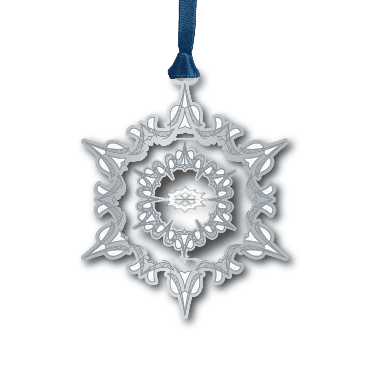 Snowflake ornament featuring an intricate snowflake design with layered filigree detailing