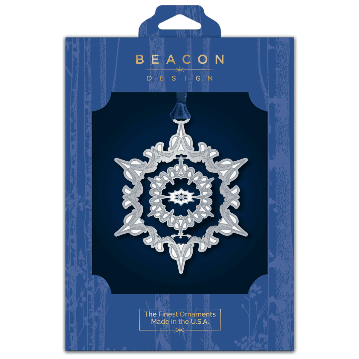 Snowflake ornament featuring an intricate snowflake design displayed in Beacon Design retail packaging