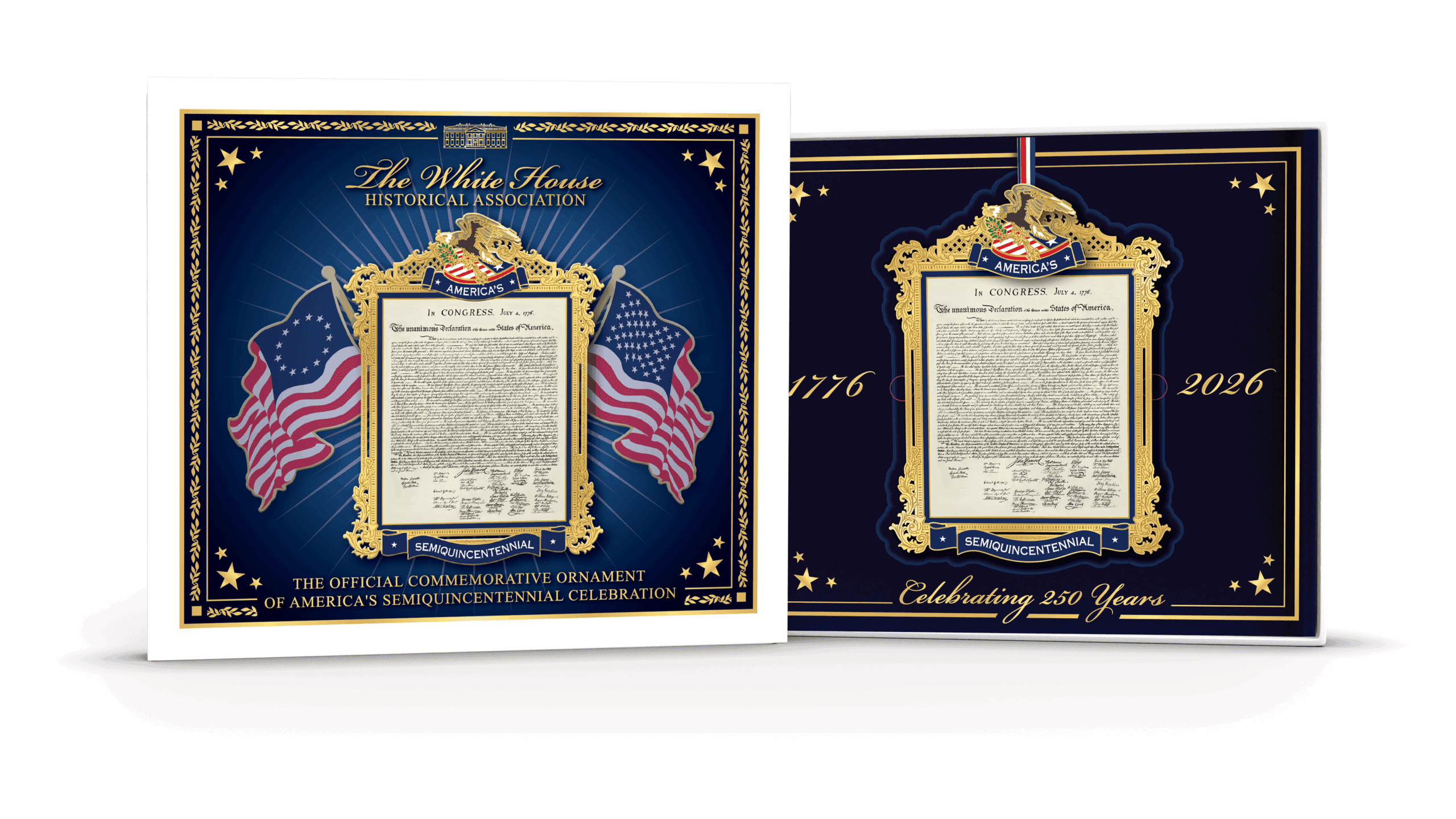 Commemorative ornament gift box from The White House Historical Association featuring the Declaration of Independence ornament created for America’s 250th anniversary celebration
