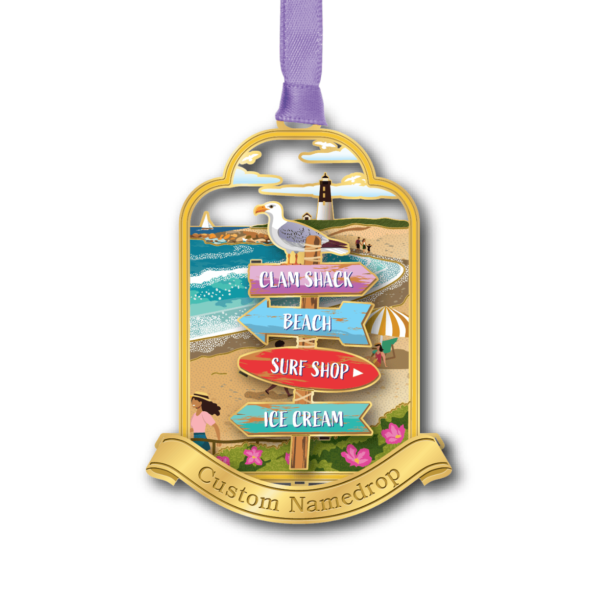 Custom beach-themed namedrop ornament featuring a seagull, lighthouse, and directional signs for coastal attractions
