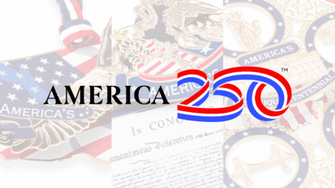 Close-ups of the Official Commemorative Ornament Collection for America's 250th with the America250 logo over the pictures.